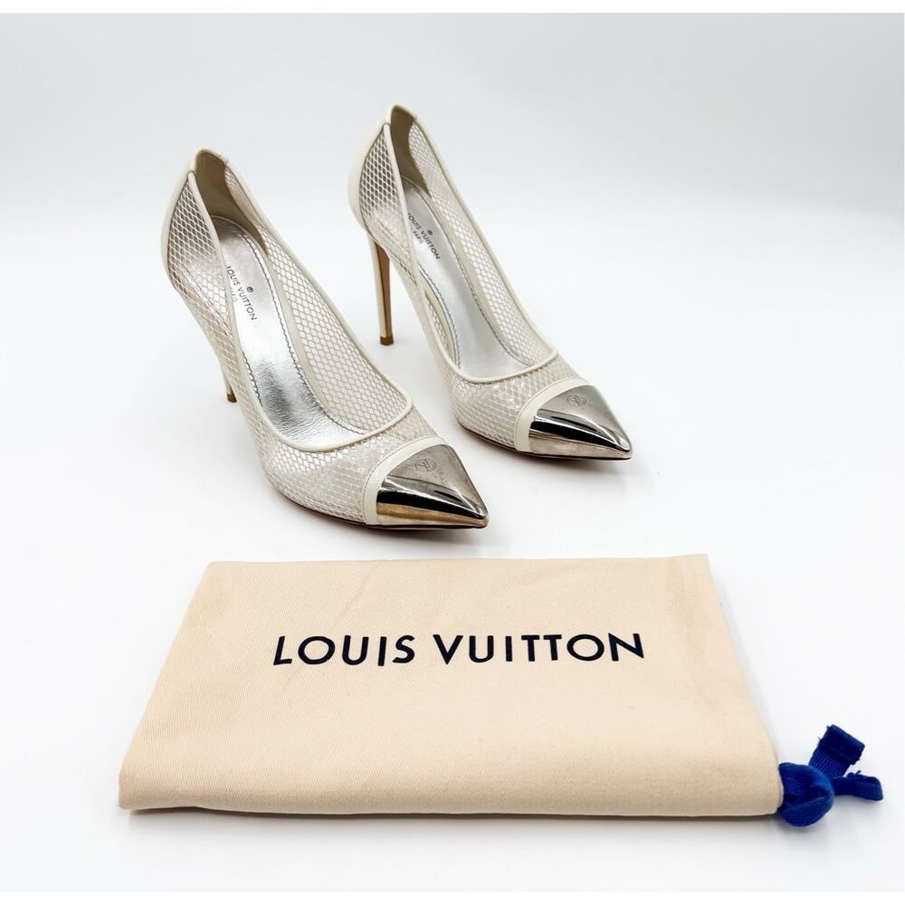 Louis Vuitton Cream Mesh Pointed-Toe Stiletto Pumps with Silver Cap
